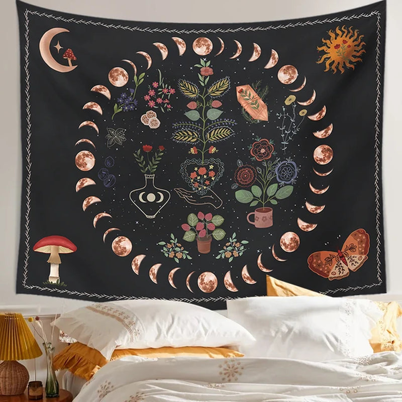 Botanical Celestial Moon Phase Tapestry Wall Hanging for Dorm Decor