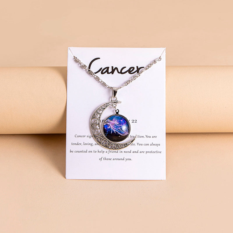 12 Zodiac Sign Moon Pendant Necklace with Glass Constellation Charm for Women and Girls