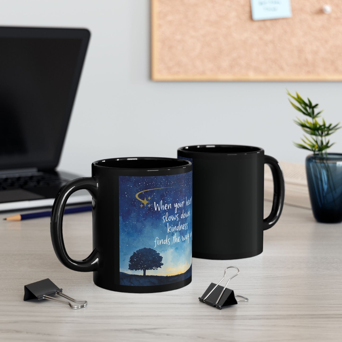 Inspirational Galaxy Quote Black Coffee Mug — 'Open Your Heart' Night Sky Design (11oz)