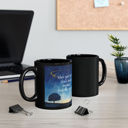 Inspirational Galaxy Quote Black Coffee Mug — 'Open Your Heart' Night Sky Design (11oz)