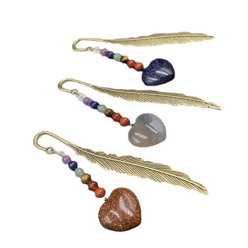 Seven Chakra Agate Heart Feather Bookmark