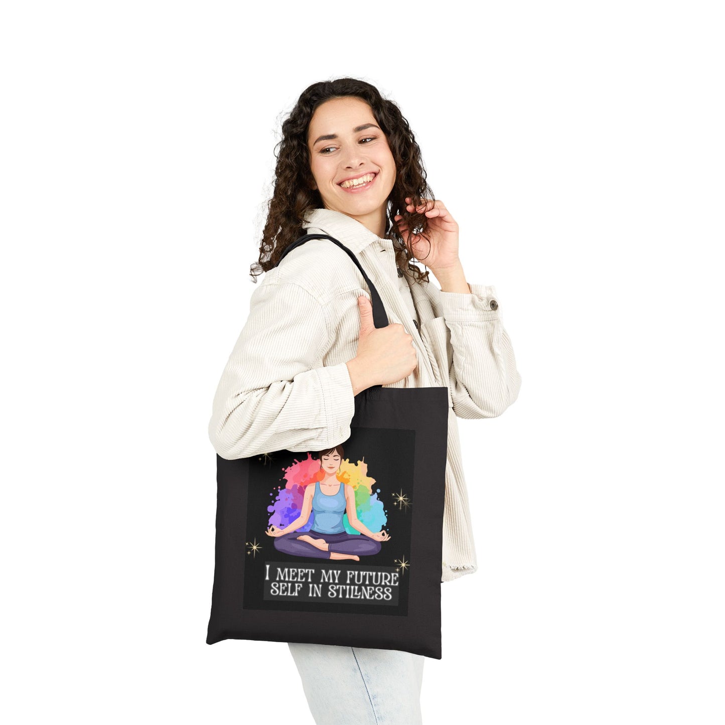 Yoga Meditation Tote Bag - "I Meet My Future Self in Stillness" Canvas Shopper