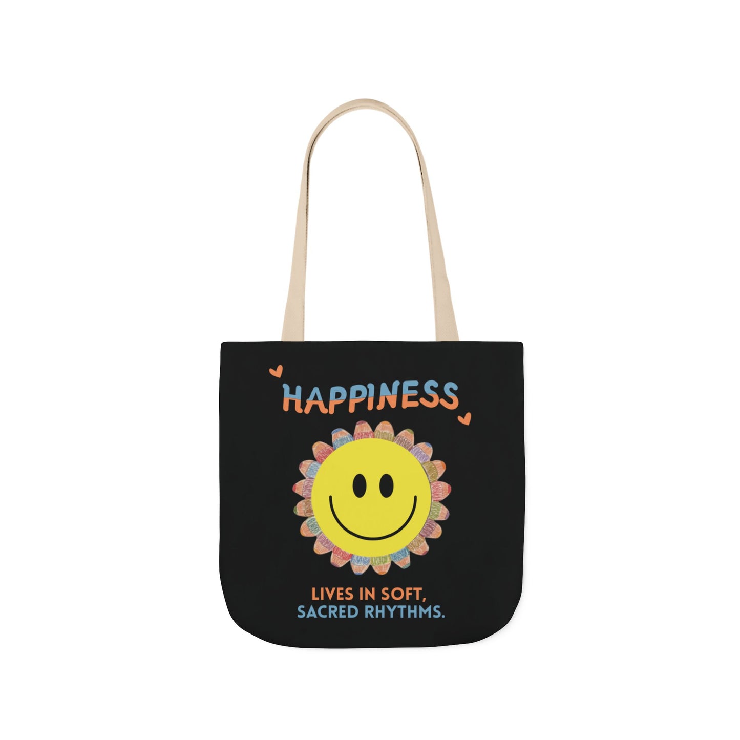 Happiness Smiley Flower Canvas Tote Bag Inspirational Slow Living Quote Bag