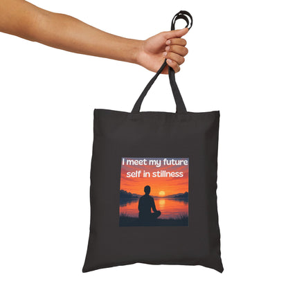 "I Meet My Future Self in Stillness" — Sunset Meditation Canvas Tote Bag