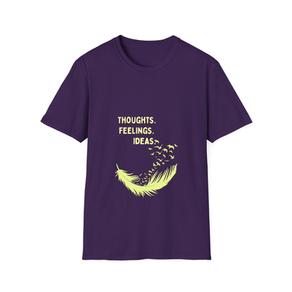 "Thoughts. Feelings. Ideas." — Unisex Softstyle T‑Shirt (Yellow Print)