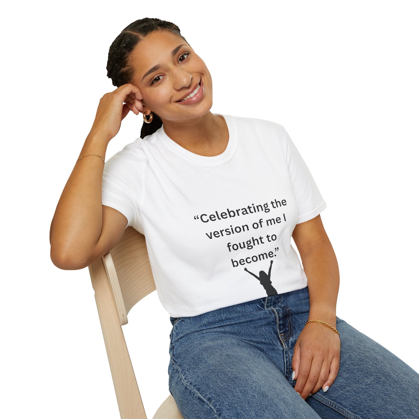 "Celebrating The Version of Me" — Empowered Woman Unisex Softstyle Tee (Black Print)