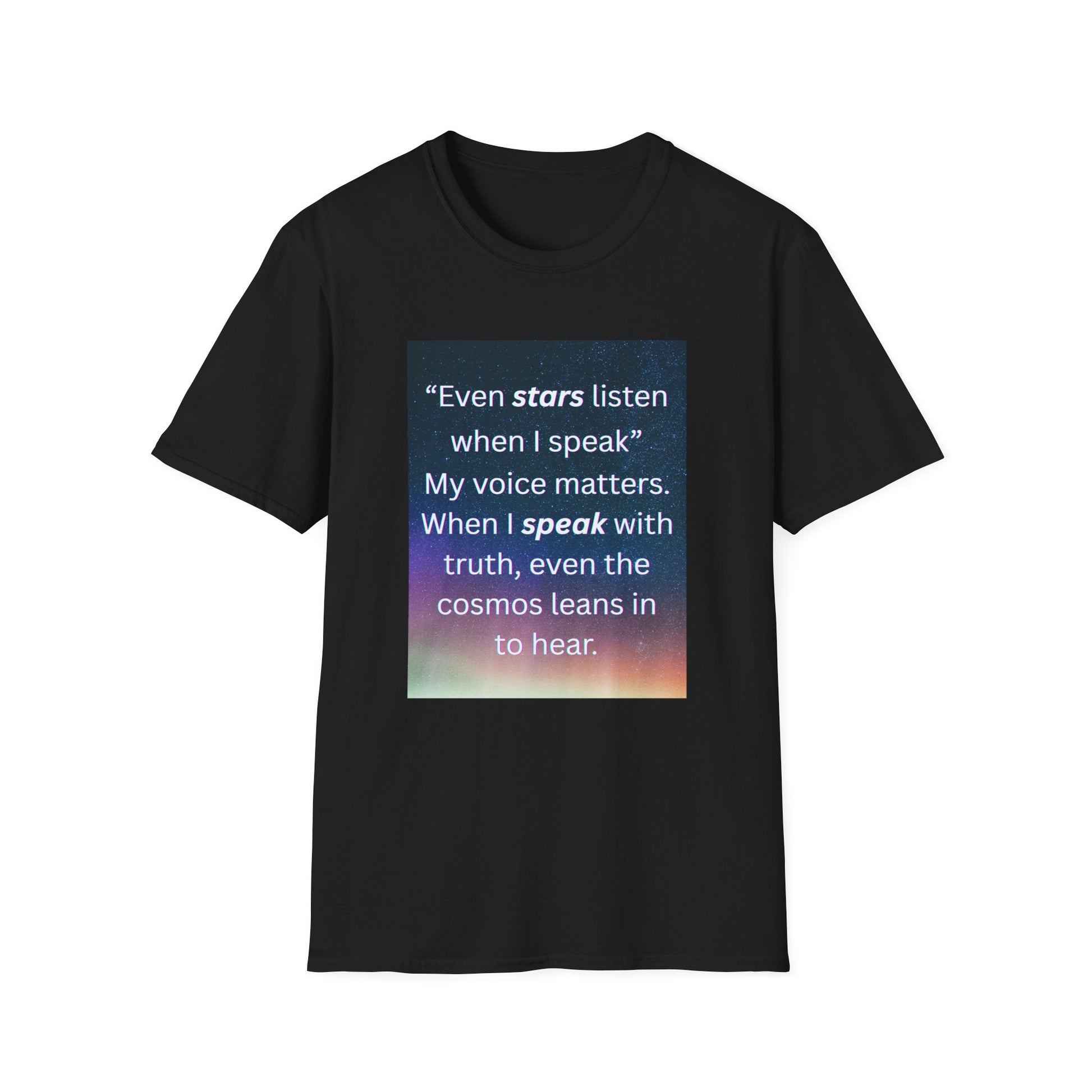 Black t-shirt with motivational quote on a white background
