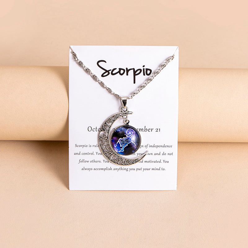 12 Zodiac Sign Moon Pendant Necklace with Glass Constellation Charm for Women and Girls