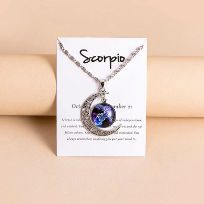 12 Zodiac Sign Moon Pendant Necklace with Glass Constellation Charm for Women and Girls