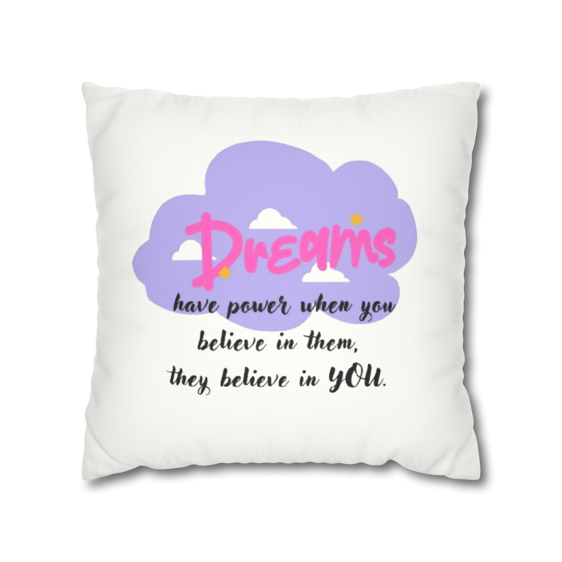 White pillow with purple cloud design and motivational quote on a white background