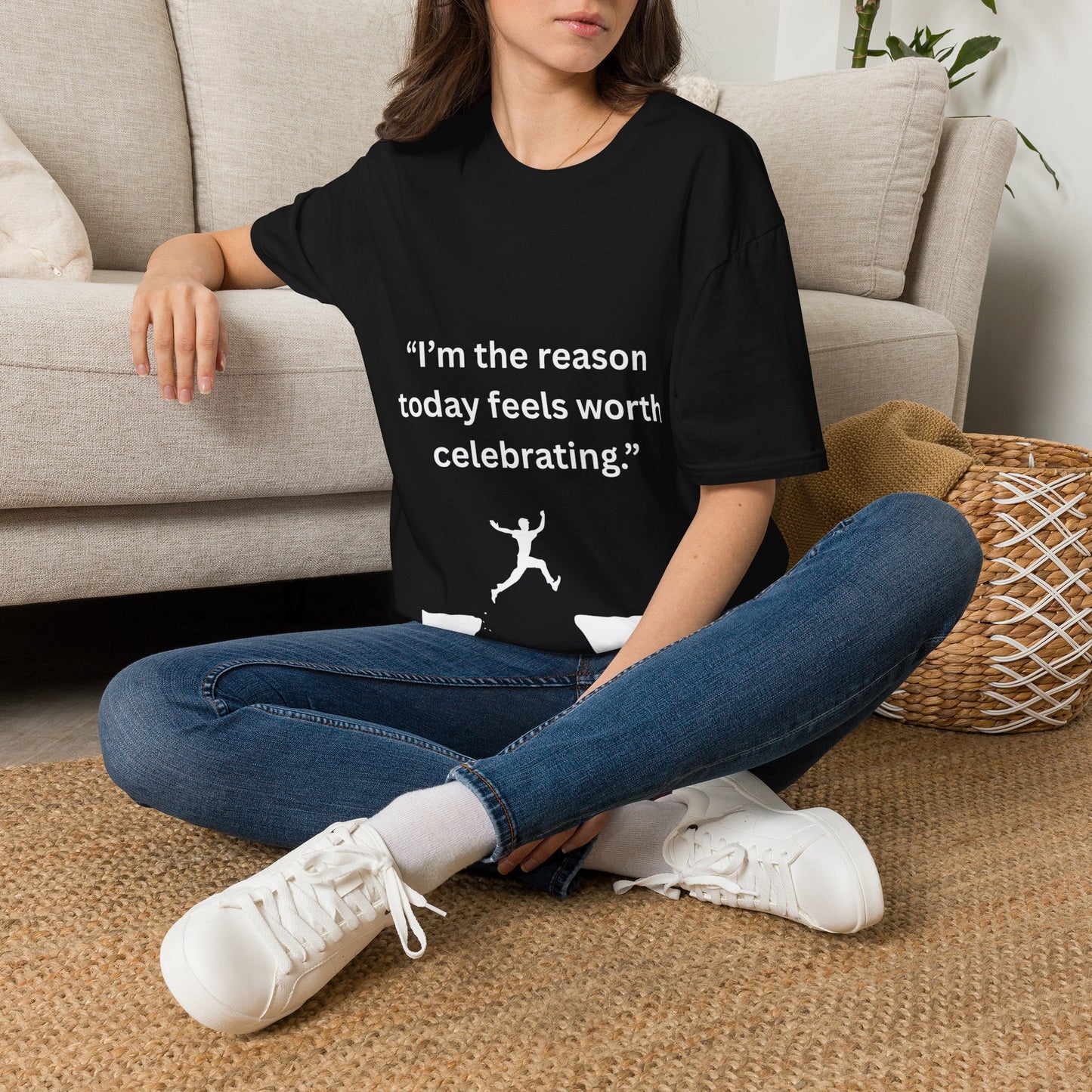 "I'm The Reason Today Feels Worth Celebrating" — Unisex Softstyle Tee (White Print)