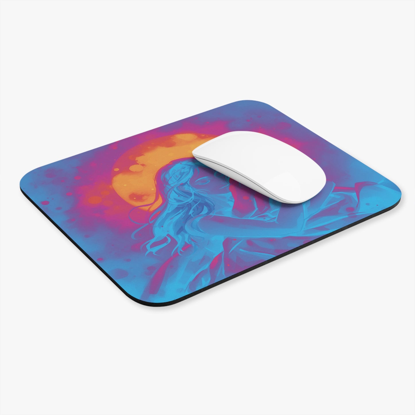 Dreamscape Embrace Mouse Pad — Neon Moonlight Art Desk Mat