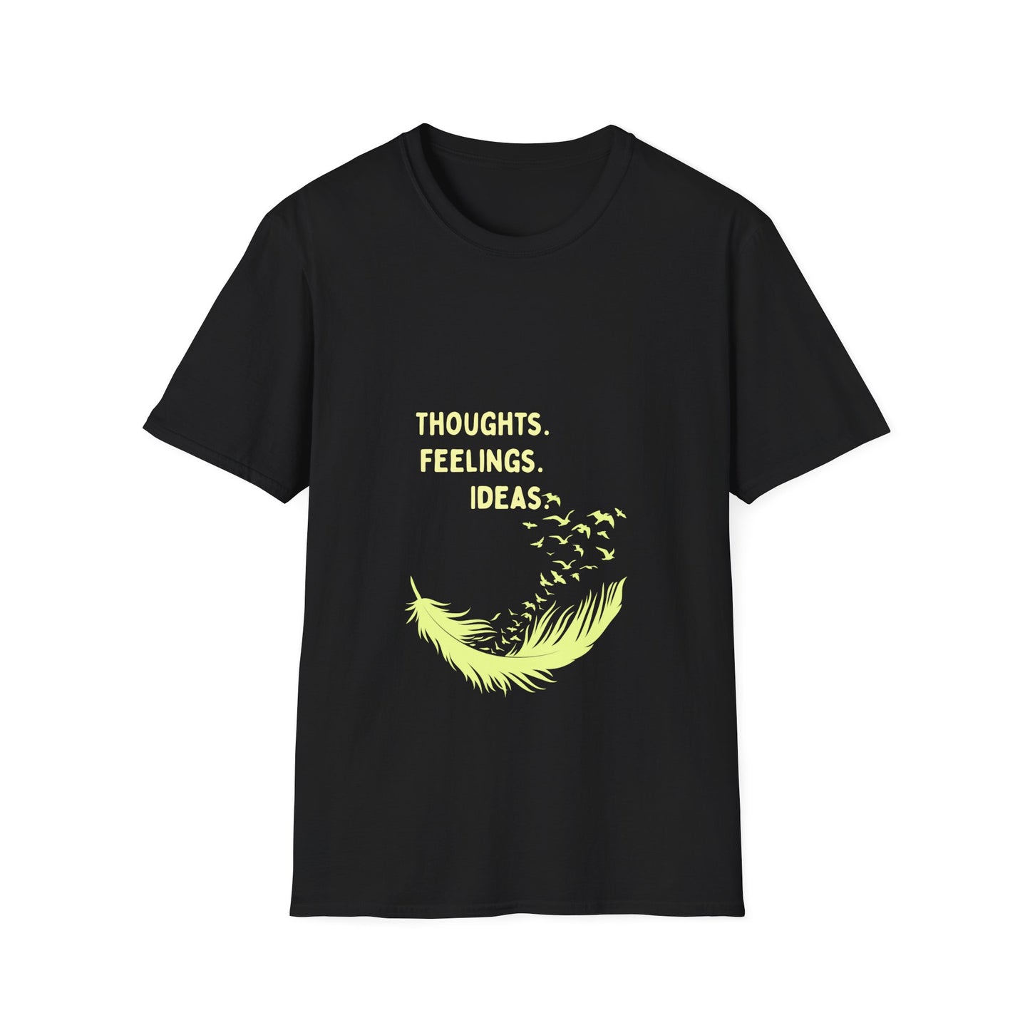 "Thoughts. Feelings. Ideas." — Unisex Softstyle T‑Shirt (Yellow Print)