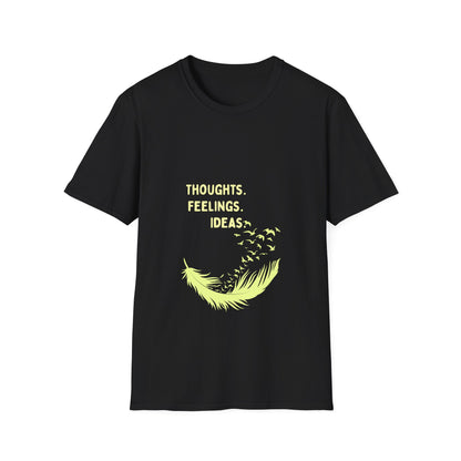 "Thoughts. Feelings. Ideas." — Unisex Softstyle T‑Shirt (Yellow Print)