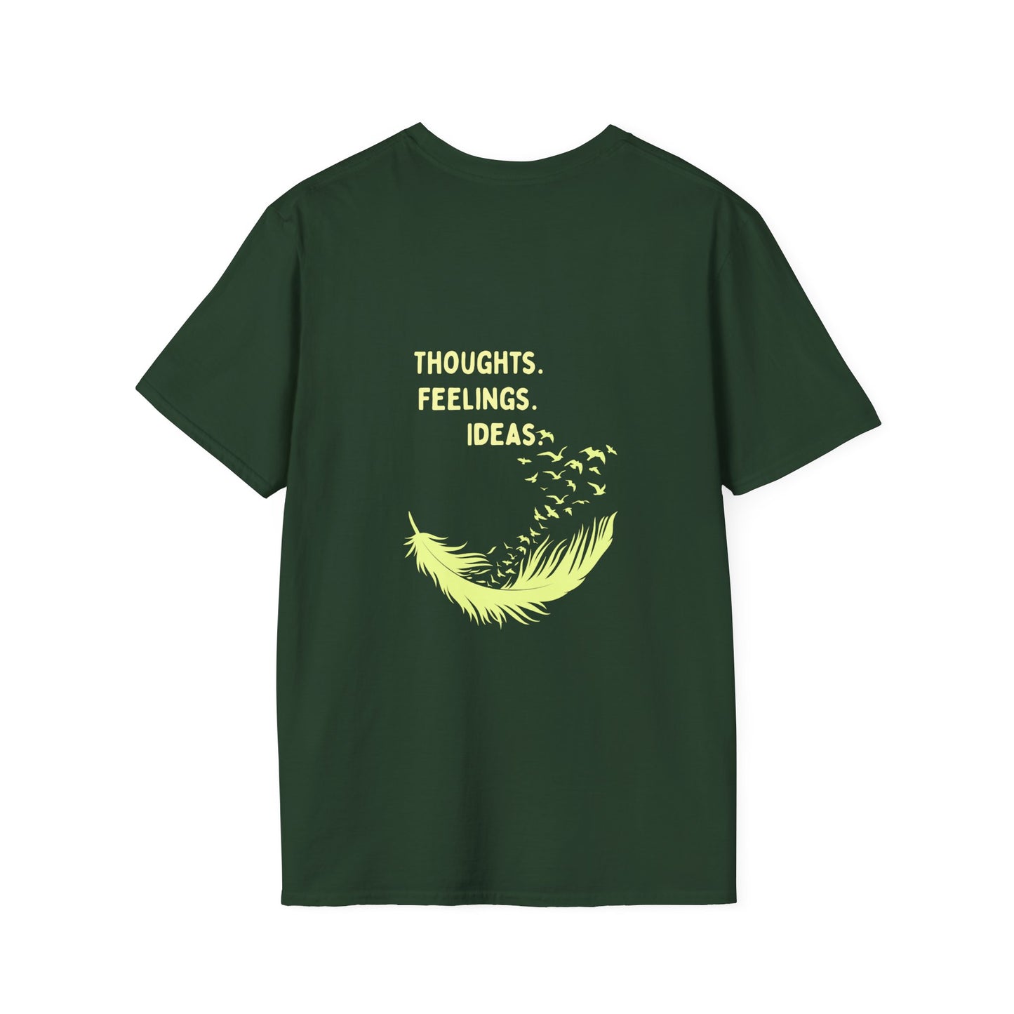 "Thoughts. Feelings. Ideas." — Unisex Softstyle T‑Shirt (Yellow Print)