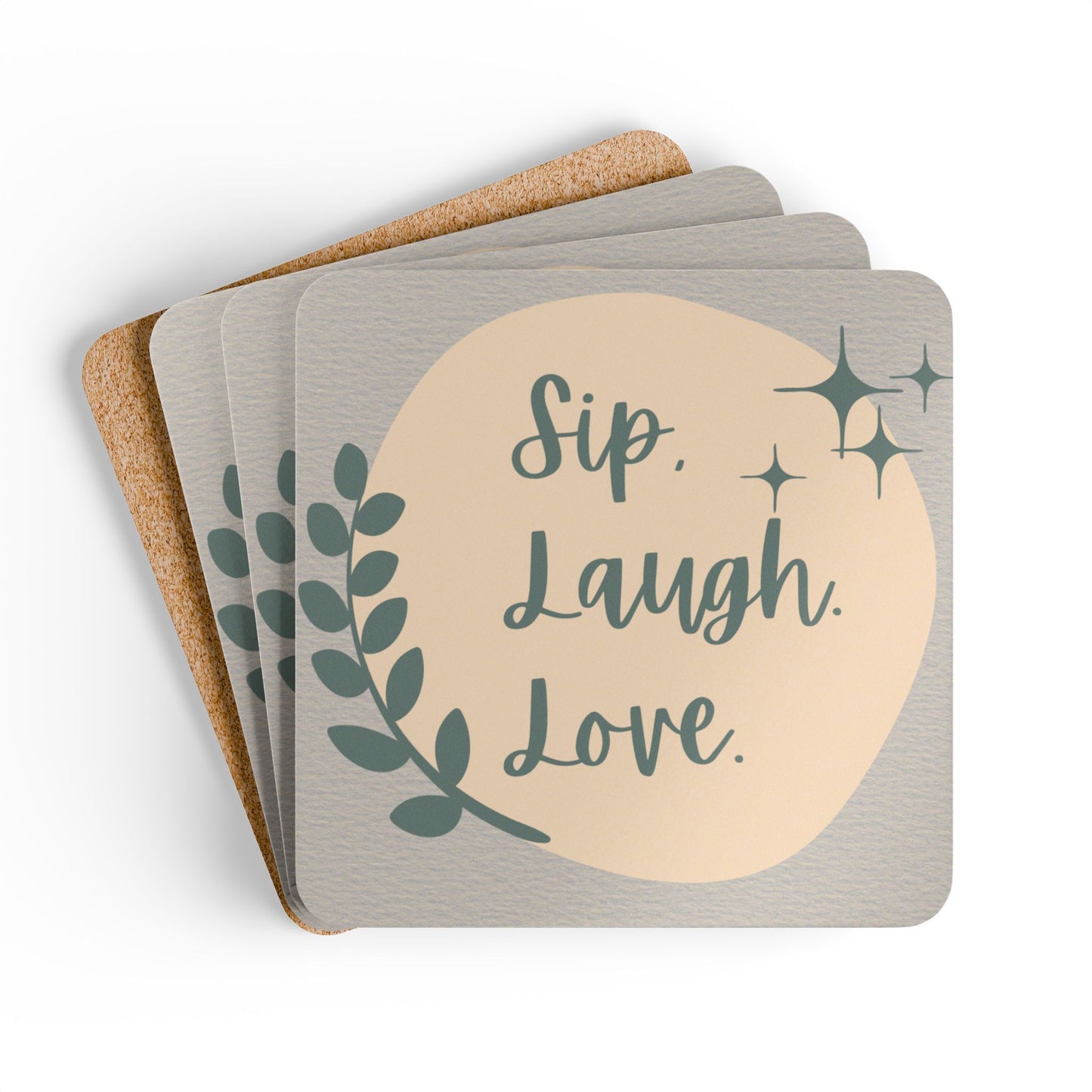Sip Laugh Love Corkwood Coaster Set – Stylish Rustic Home Décor & Gift for Friends