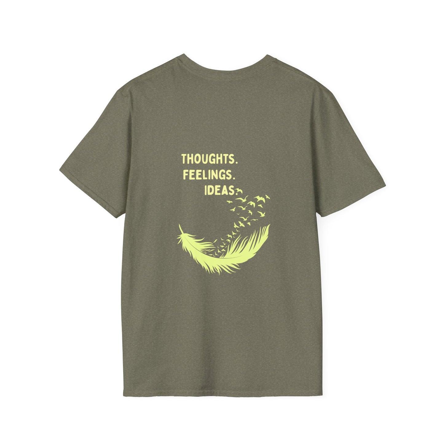 "Thoughts. Feelings. Ideas." — Unisex Softstyle T‑Shirt (Yellow Print)