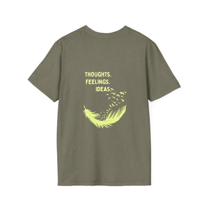 "Thoughts. Feelings. Ideas." — Unisex Softstyle T‑Shirt (Yellow Print)