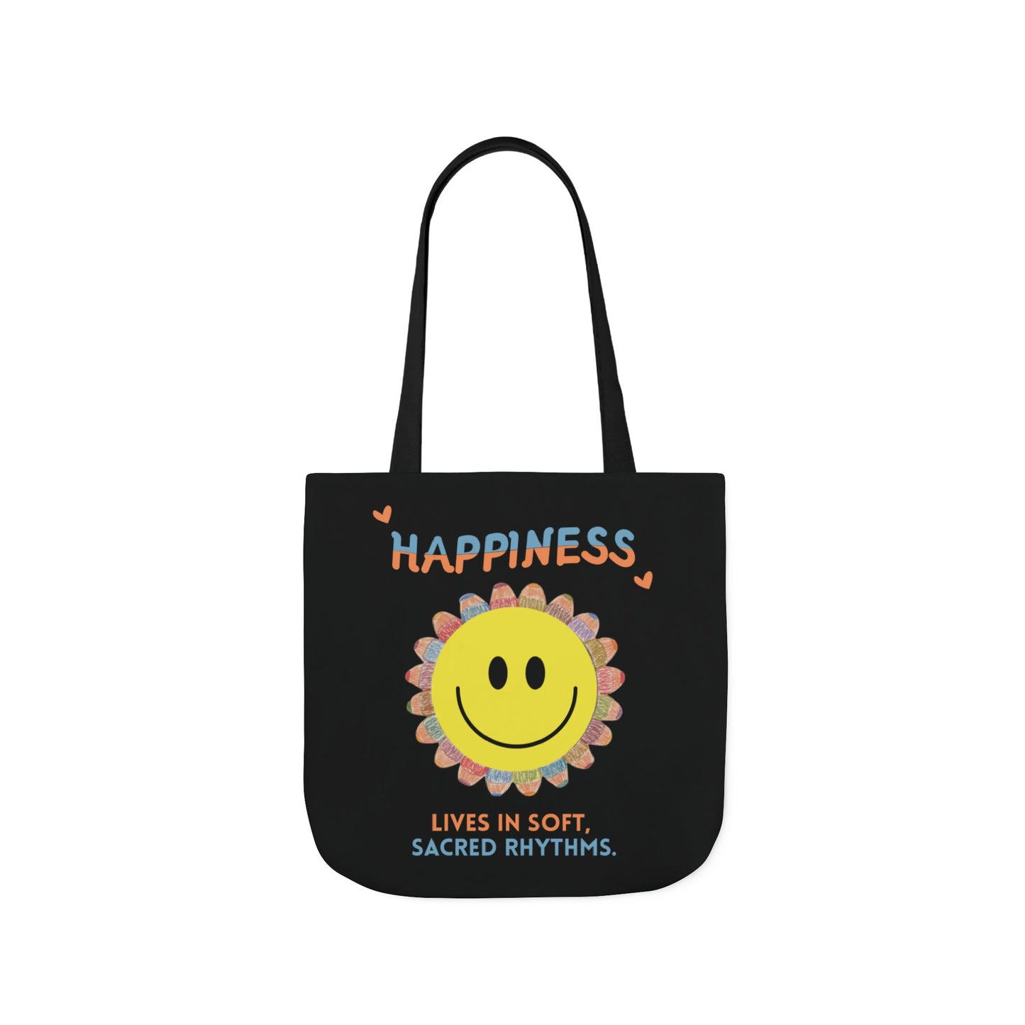 Happiness Smiley Flower Canvas Tote Bag Inspirational Slow Living Quote Bag
