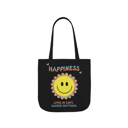 Happiness Smiley Flower Canvas Tote Bag Inspirational Slow Living Quote Bag