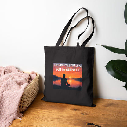"I Meet My Future Self in Stillness" — Sunset Meditation Canvas Tote Bag