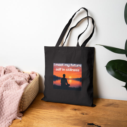 "I Meet My Future Self in Stillness" — Sunset Meditation Canvas Tote Bag