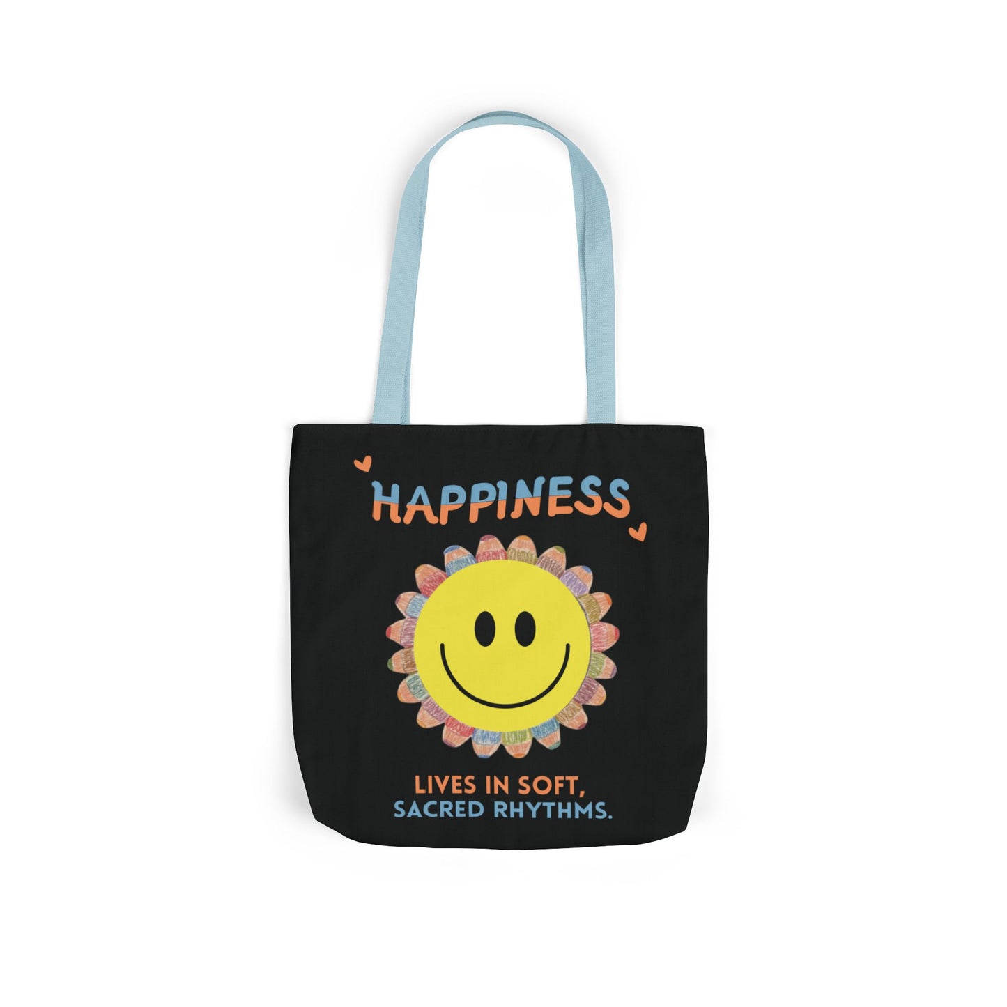 Happiness Smiley Flower Canvas Tote Bag Inspirational Slow Living Quote Bag