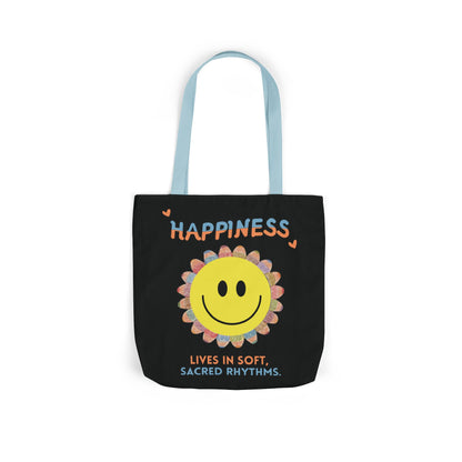 Happiness Smiley Flower Canvas Tote Bag Inspirational Slow Living Quote Bag