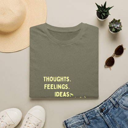 "Thoughts. Feelings. Ideas." — Unisex Softstyle T‑Shirt (Yellow Print)