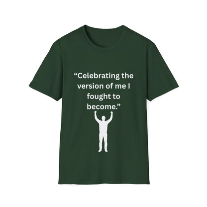 "Celebrating The Version of Me" — Empowered Man Unisex Softstyle Tee (White Print)