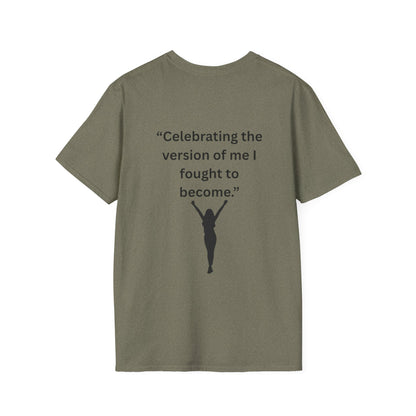 "Celebrating The Version of Me" — Empowered Woman Unisex Softstyle Tee (Black Print)