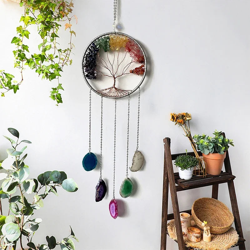 7 Chakra Gemstone Tree of Life Dream Catchers Color Agate Wall Hangings Room Window Garden Wind Chimes Dream Catchers Home Decor