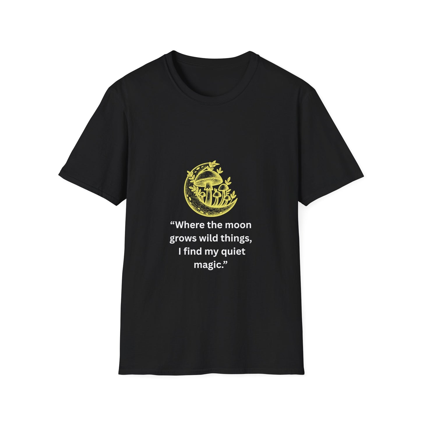 "Where the Moon Grows Wild Things" — Unisex Softstyle Tee (Yellow-White Print)