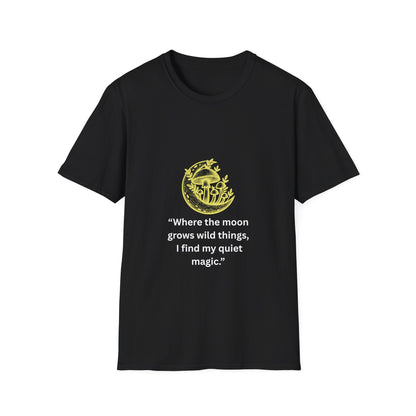 "Where the Moon Grows Wild Things" — Unisex Softstyle Tee (Yellow-White Print)