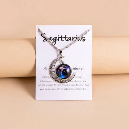 12 Zodiac Sign Moon Pendant Necklace with Glass Constellation Charm for Women and Girls