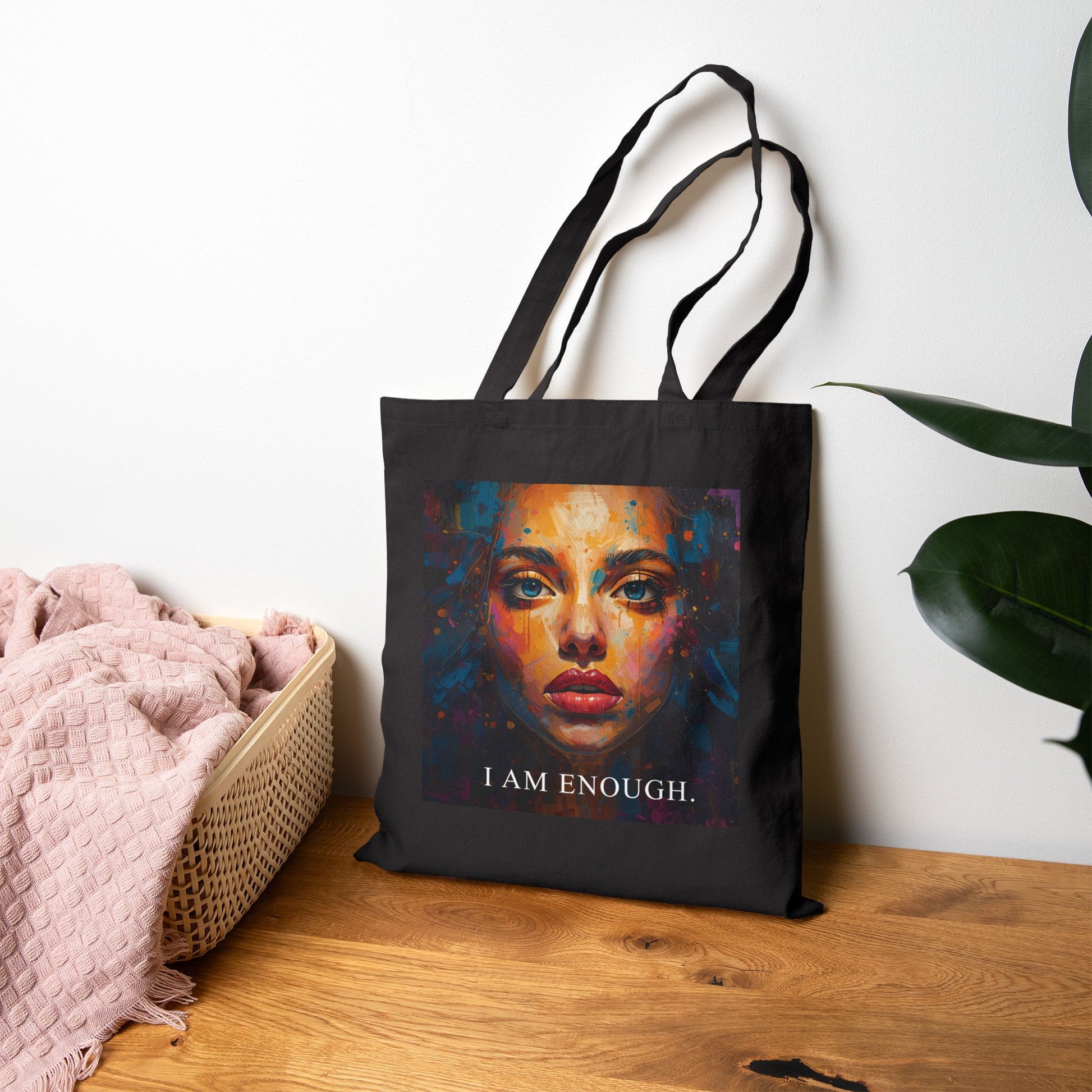 Black tote bag with a colorful face design and 'I AM ENOUGH' text on a wooden surface.
