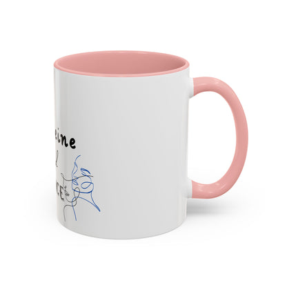 White mug with pink interior and handle featuring a graphic design on a white background