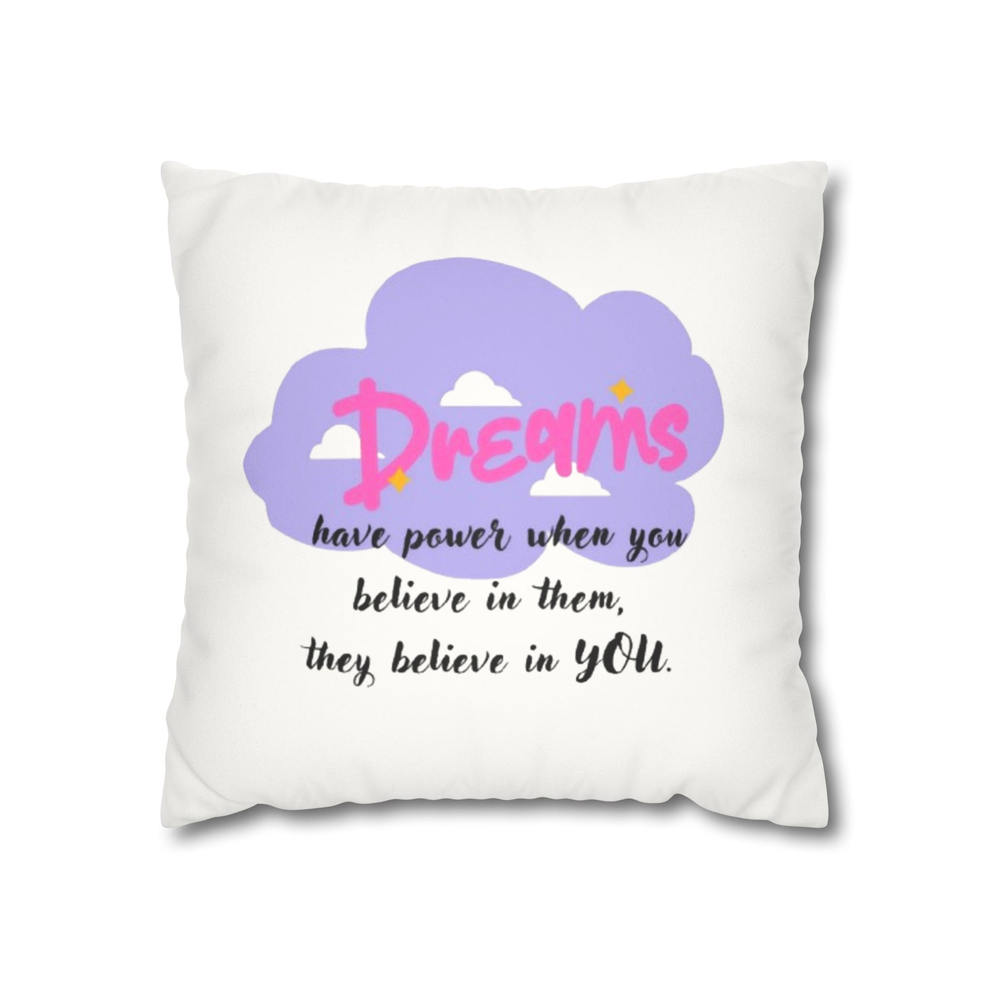 White pillow with motivational quote and cloud design on a white background