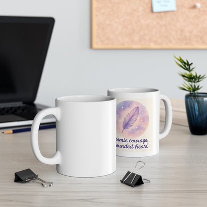 Cosmic Courage Feather Mug — 'Cosmic courage, grounded heart' Ceramic Coffee Cup