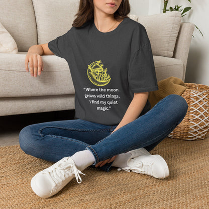 "Where the Moon Grows Wild Things" — Unisex Softstyle Tee (Yellow-White Print)