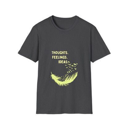 "Thoughts. Feelings. Ideas." — Unisex Softstyle T‑Shirt (Yellow Print)