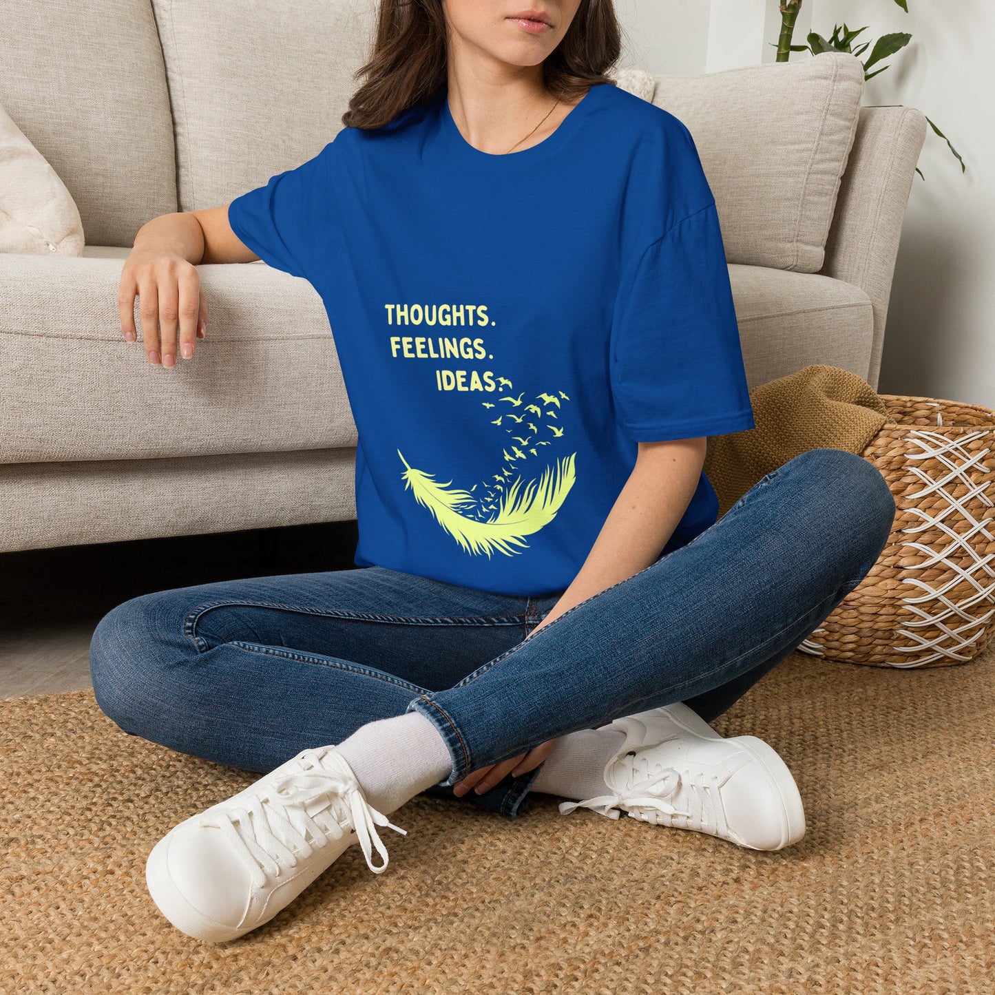 "Thoughts. Feelings. Ideas." — Unisex Softstyle T‑Shirt (Yellow Print)
