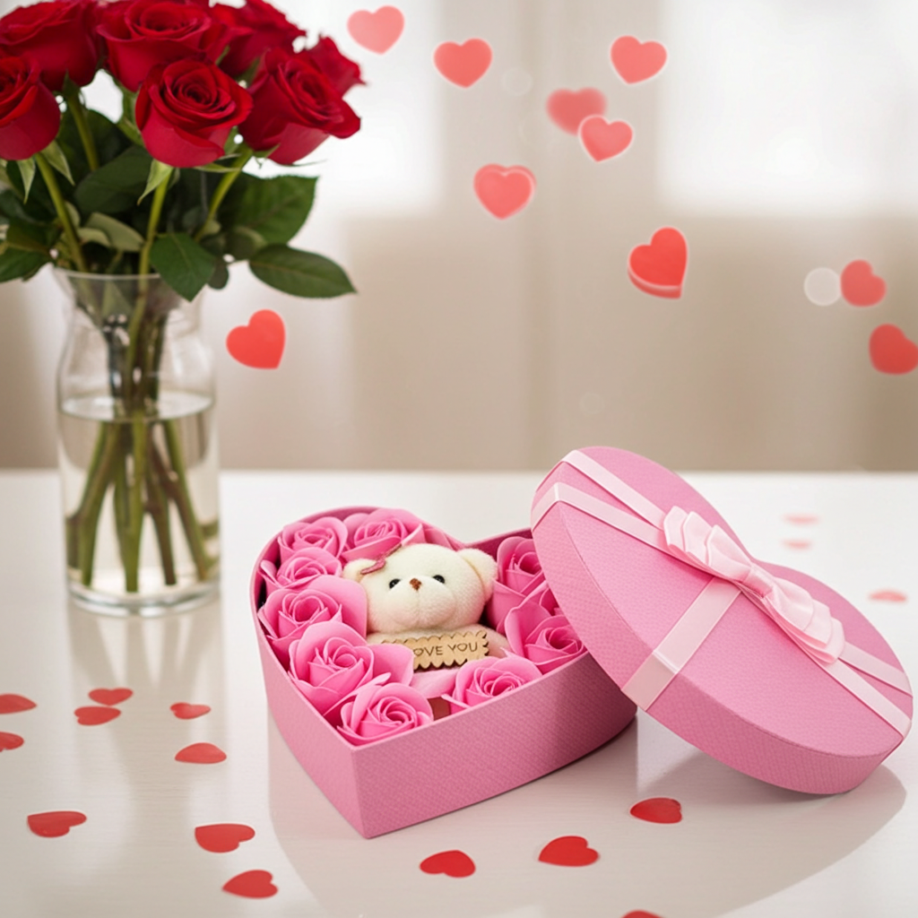 Plush Bear Gift Box with Soap Rose Flowers and 24K Gold Foil Rose Romantic Keepsake