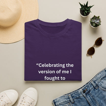 "Celebrating The Version of Me" — Empowered Woman Unisex Softstyle Tee (White Print)