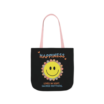 Happiness Smiley Flower Canvas Tote Bag Inspirational Slow Living Quote Bag