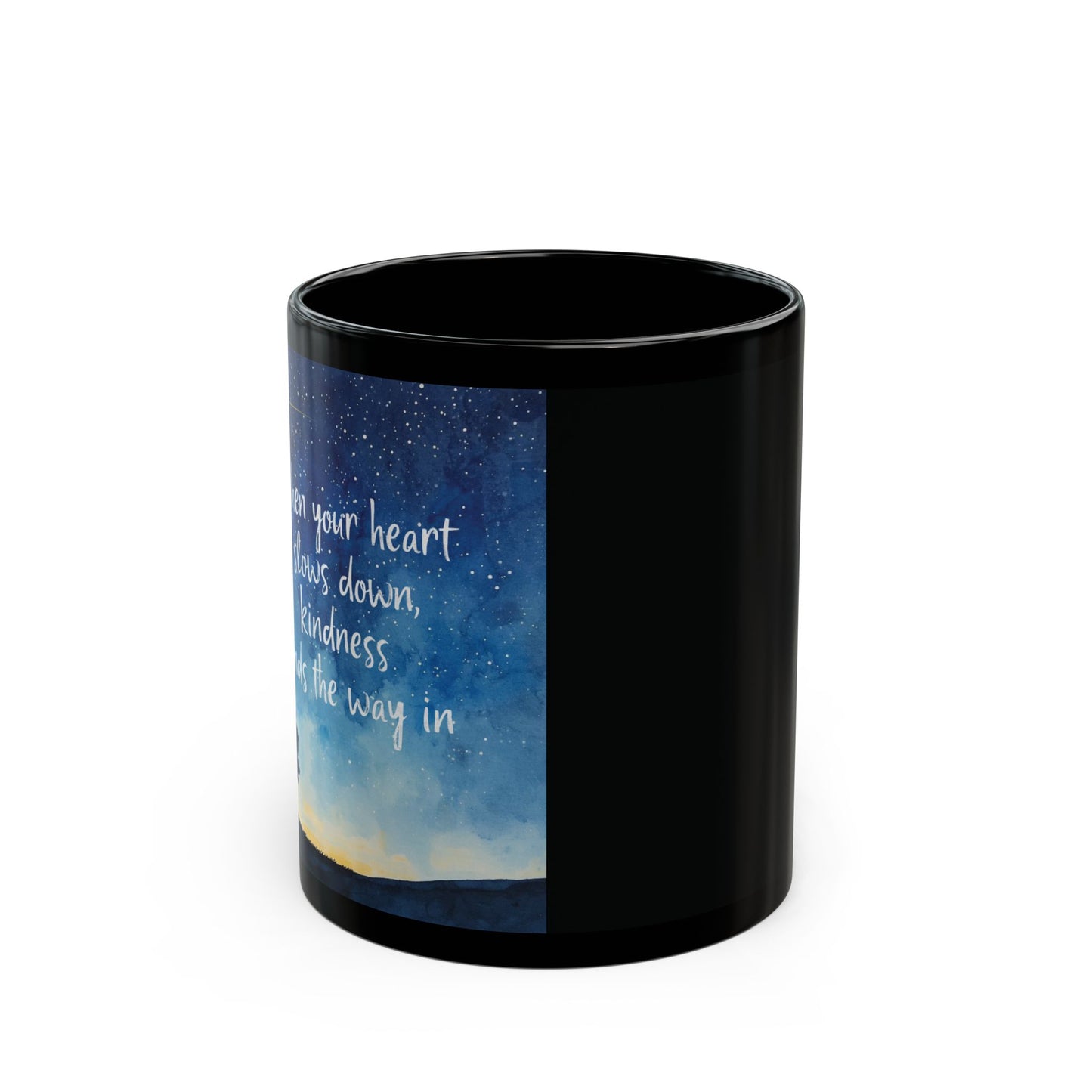 Inspirational Galaxy Quote Black Coffee Mug — 'Open Your Heart' Night Sky Design (11oz)