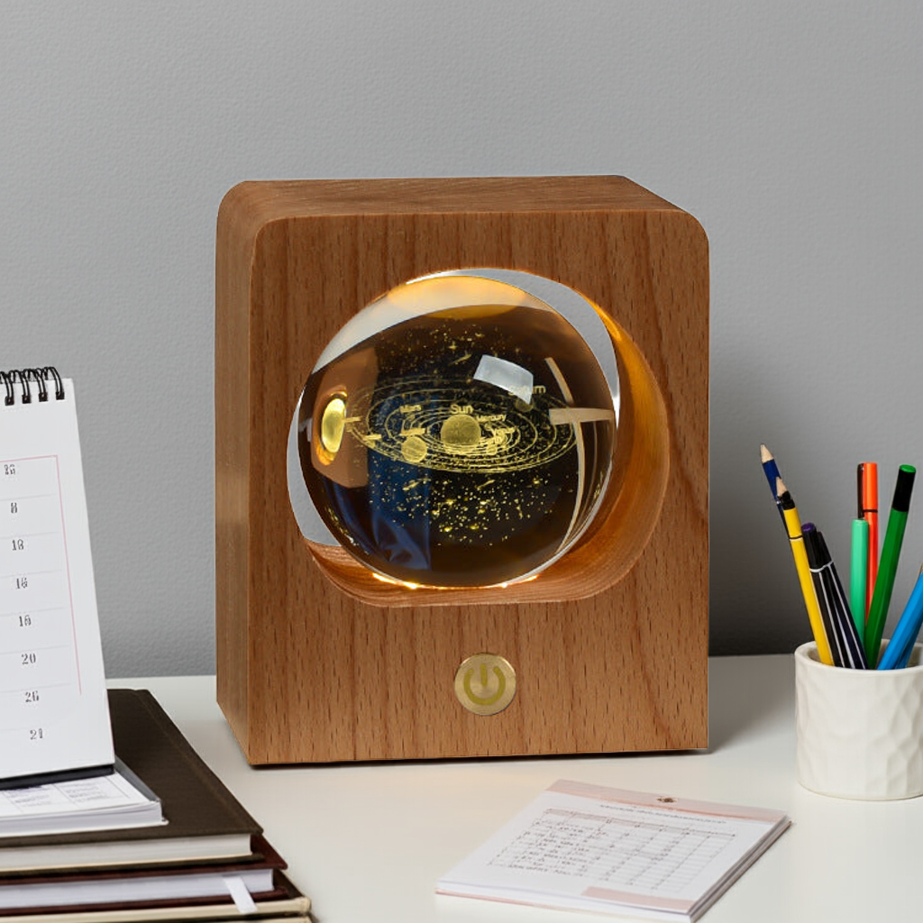 Cosmic Crystal Ball 3D Laser Engraved LED Night Light with Galaxy Moon Solar System Designs
