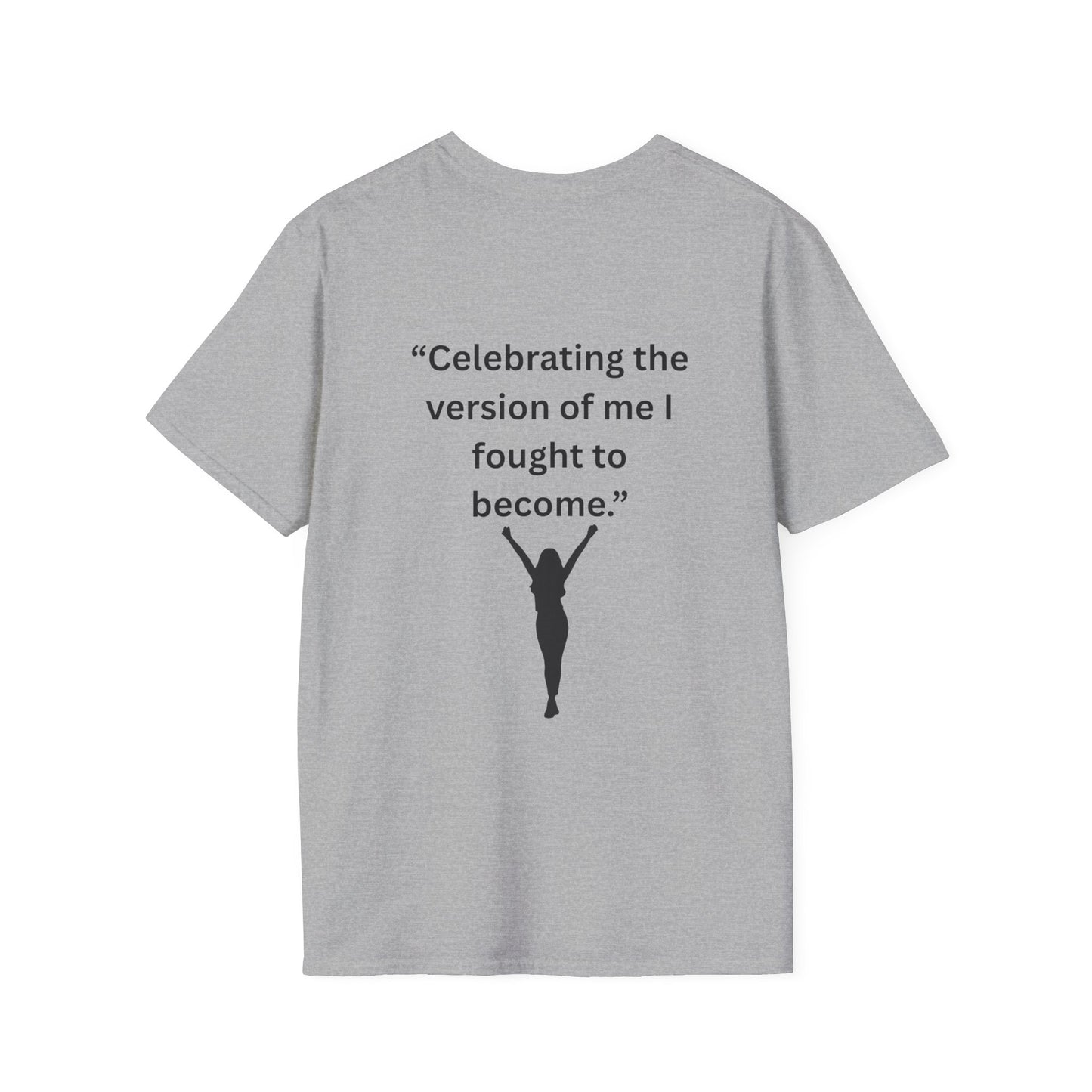 "Celebrating The Version of Me" — Empowered Woman Unisex Softstyle Tee (Black Print)
