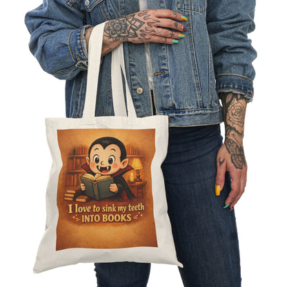 “I Love to Sink My Teeth Into Books” Cotton Book Tote