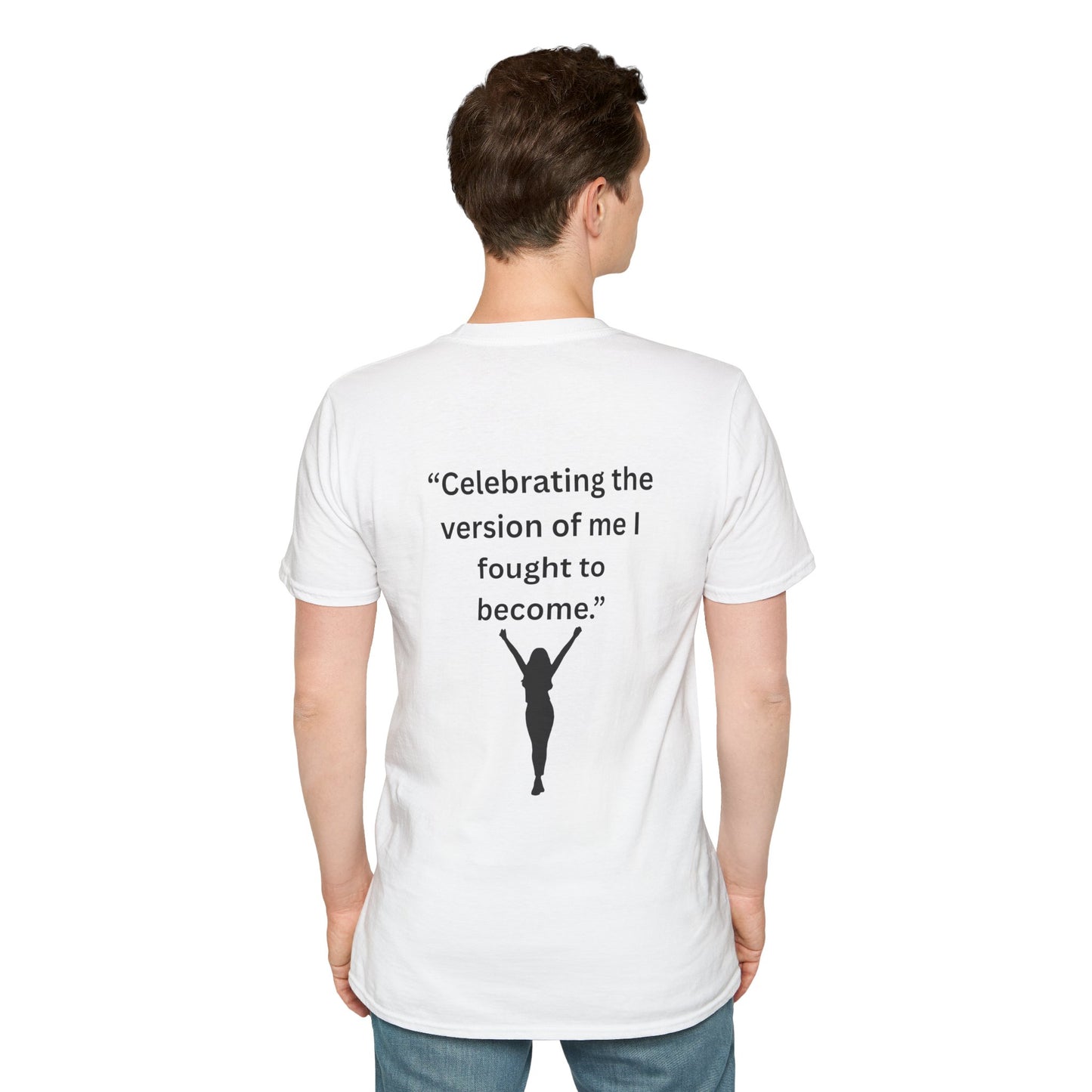 "Celebrating The Version of Me" — Empowered Woman Unisex Softstyle Tee (Black Print)